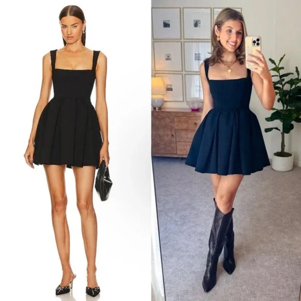 LPA Giovanna Mini Dress Black LBD Tafetta Full Skirt Pockets Revolve SZ M
